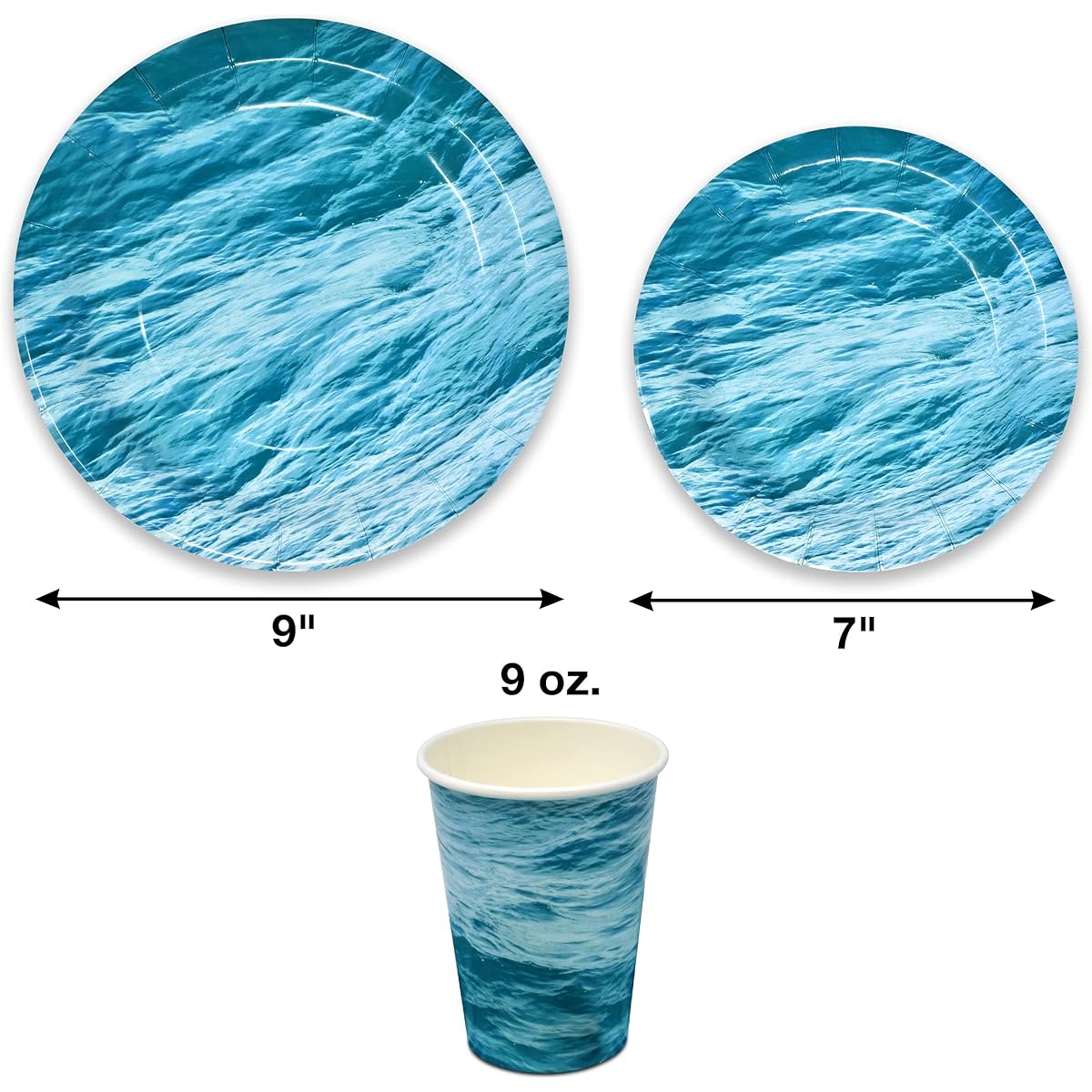 Ocean Waves Party Supplies Tableware Set 24 Pieces 9" Plates 24 Pieces 7" Plates 24 Pieces 9oz Cups Lunch Napkins Under the Sea Summer Pool Beach Blue Water Wave Disposable Paper Goods for Baby Shower Birthday Party
