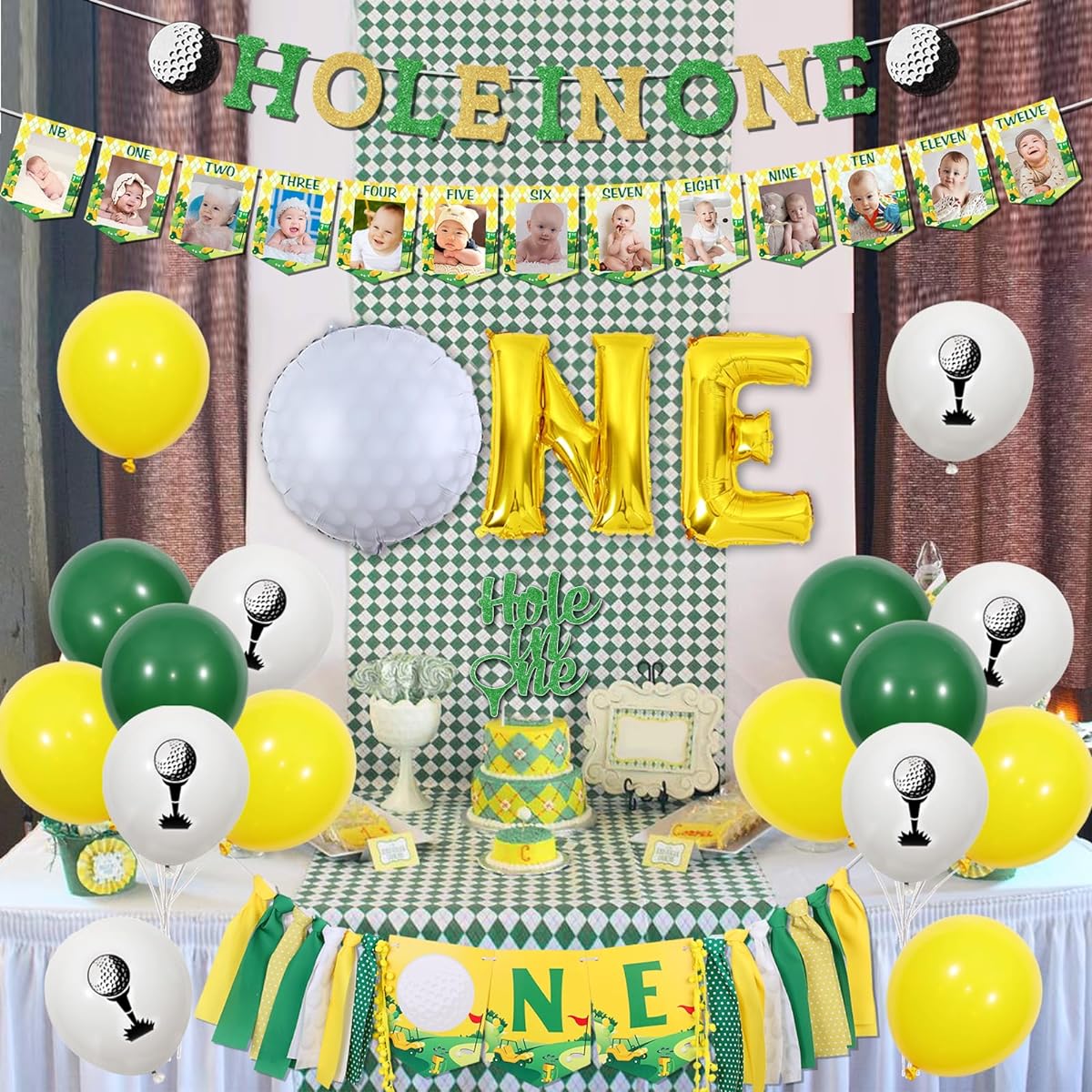 kreat4joy Golf 1st Birthday Decorations for Boys Hole in One Birthday Decoration Banner Lime Green White Balloons Golf Photo High Chair Banner Golf Foil Balloons for Boys First Sports Theme Party