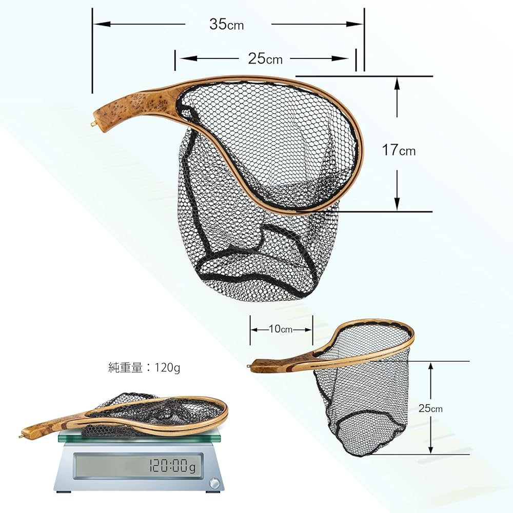 Landing Net Mountain Stream Rubber Net "Craftsman Finish Wooden Frame Curved Pattern Waterproof Nylon Soft Rubber Mesh Compact and Lightweight Will Not Hurt Fish" For Tube Fishing, Bait Fishing, Fly Fishing, Trout, Trout Fishing Catch and Release