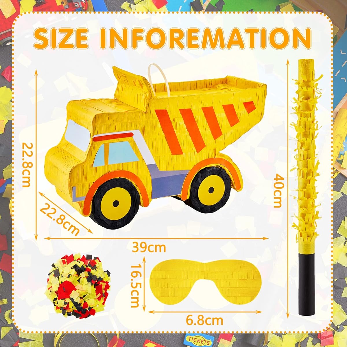 Small Dump Truck Pinata Construction with Pinata Sticks and Blindfolds, Confetti Excavator Truck Pinata Candy Favors for Kids and Teens Construction Birthday Party Supplies 15 x 8.9 x 3.9 Inches