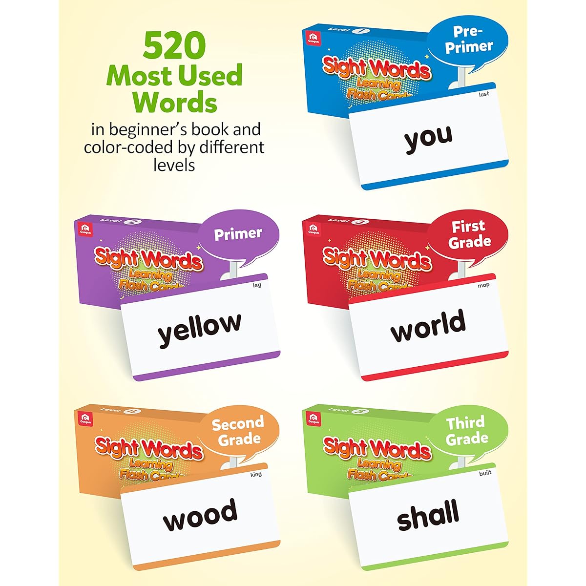 Coogam 520 Sight Word Learning Vocabulary Flash Cards by Dolch Fry High Frequency Sight Words Teaching Montessori Toys for Kindergarten 1st Grade/2nd Grade/3rd Grade/Homeschool