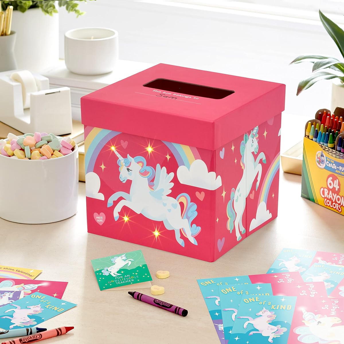 Hallmark Valentines Day Cards for Kids and Musical Light Up Mailbox for Classroom Exchange, Unicorns (1 Box, 32 Valentine Cards, 1 Teacher Card)