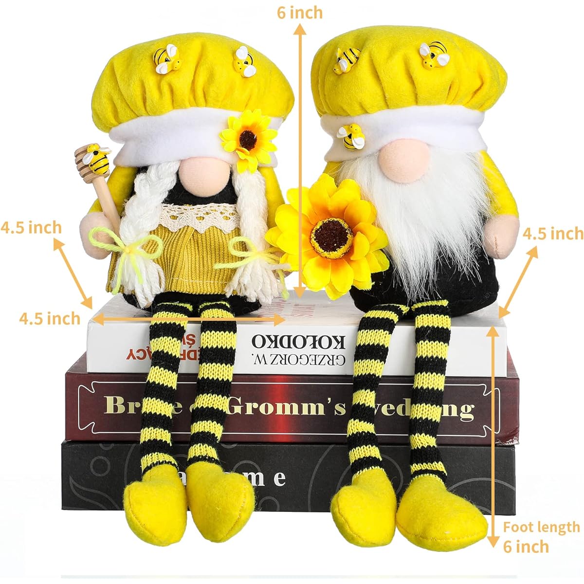 Argodaze Bumblebee Long Feet Gnome Mr. and Mrs. Lovely Elf Homemade Honeybee Stuffed Animals Rustic Farmhouse Tomte 2pcs