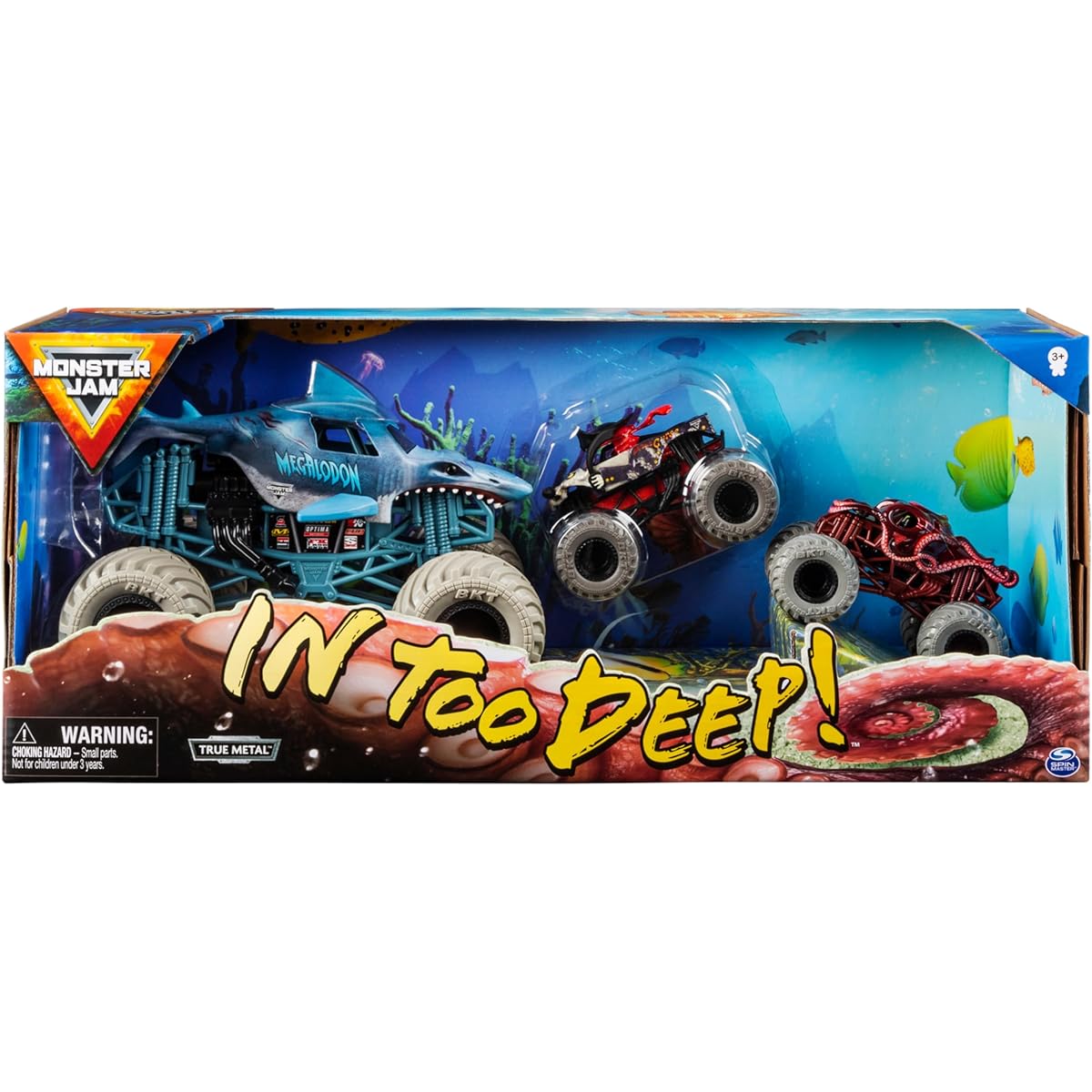 Monster Jam, Into The Deep Diecast Monster Trucks 1/24 Scale Megalodon 1/64 Scale Pirate's Curse & Octon8er Ages 4-6+