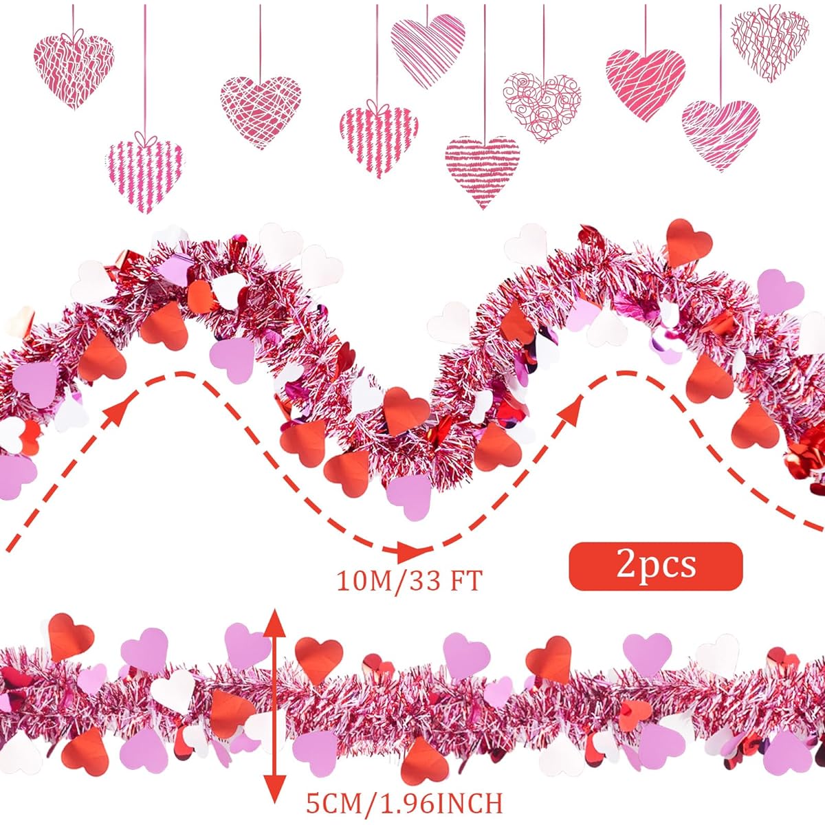 unlemoni 66ft Valentine's Day Tinsel Garland 2 Pieces Red Pink White Heart Metallic Twist Garland Valentine Tree Hanging Garland Home Wedding Party Valentine's Day Decoration