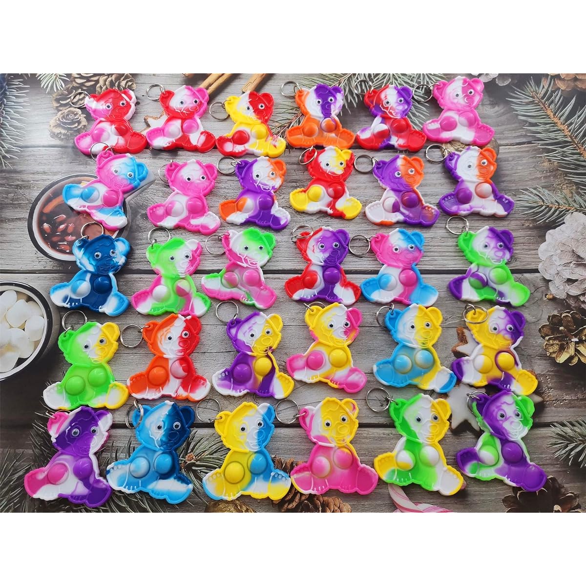 Roaqua 30 Pack Bear Mini Pops Fidgets, Autism Sensory Birthday Party Favors School Class Gifts for Adults and Kids, Rainbow, Small