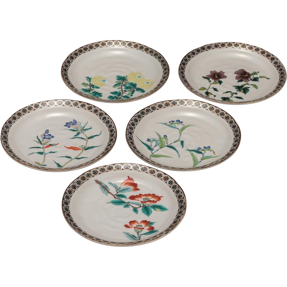 Kutani ware Iwataya plate set (size 6) gold brocade small pattern five flowers K7-90