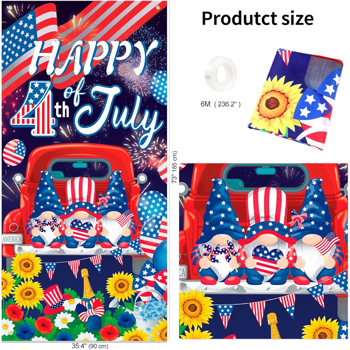 HOWAF Happy 4th of July Door Banner, Independence Day Door Cover USA Patriotic Party Supplies American Flag Backdrop Banner Red White Blue Welcome Banner Front Door Decoration