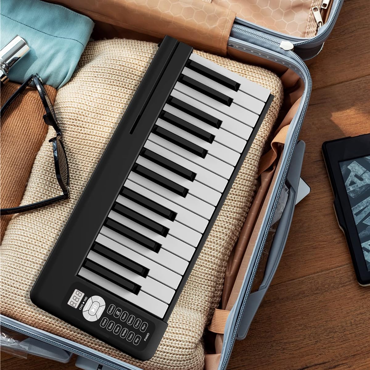 Electronic Piano, 61 Keys, Foldable Portable, Semi-Weight Keyboard, 128 Tones, 128 Rhythms, Dual Bluetooth Function, MIDI Compatible, Built-in Battery, Pedal Included, Headphones Included, Bag Included (Compact, Black-Light Key)