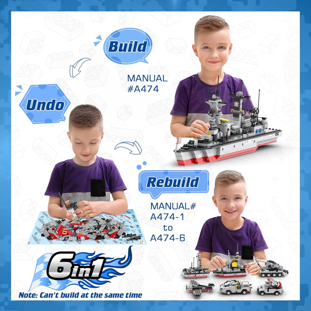 WishaLife 6 in 1 Urban War Military Battleship Building Set Army Vehicle Airplane Boat Military Toys for Children Boys Girls Ages 6+ (1296 Pieces)