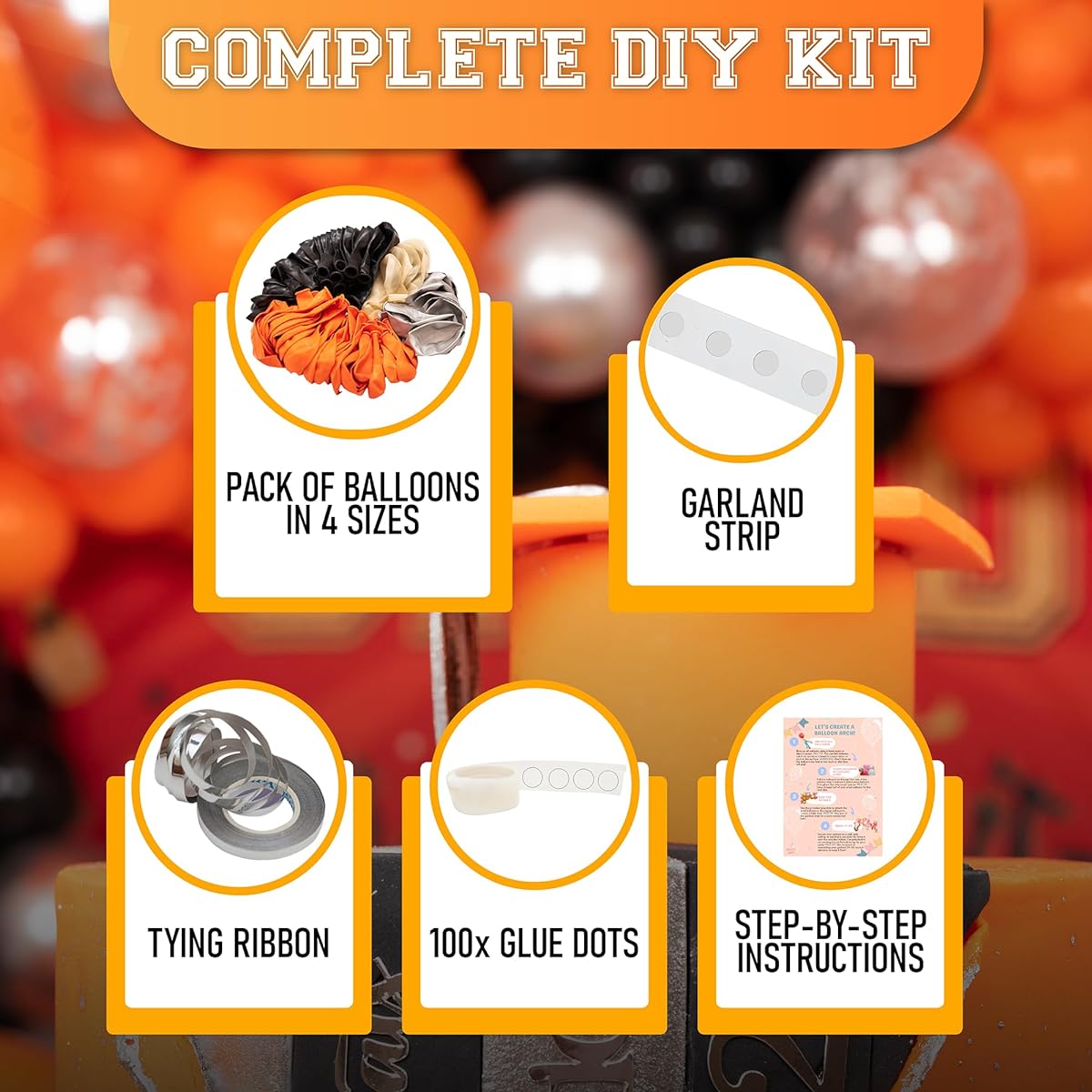 100pcs Easy DIY - Orange and Black Balloon Arch Kit & Garland - Small and Large Silver Orange Black Balloons - Graduation Birthday Bengals Halloween Harley Davidson Basketball Party Decorations