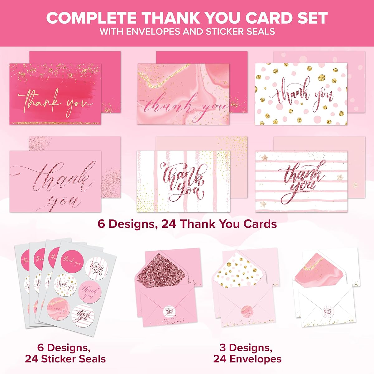 Decorably Pink Thank You Cards (Gold Foil) (Pink- Glitter)
