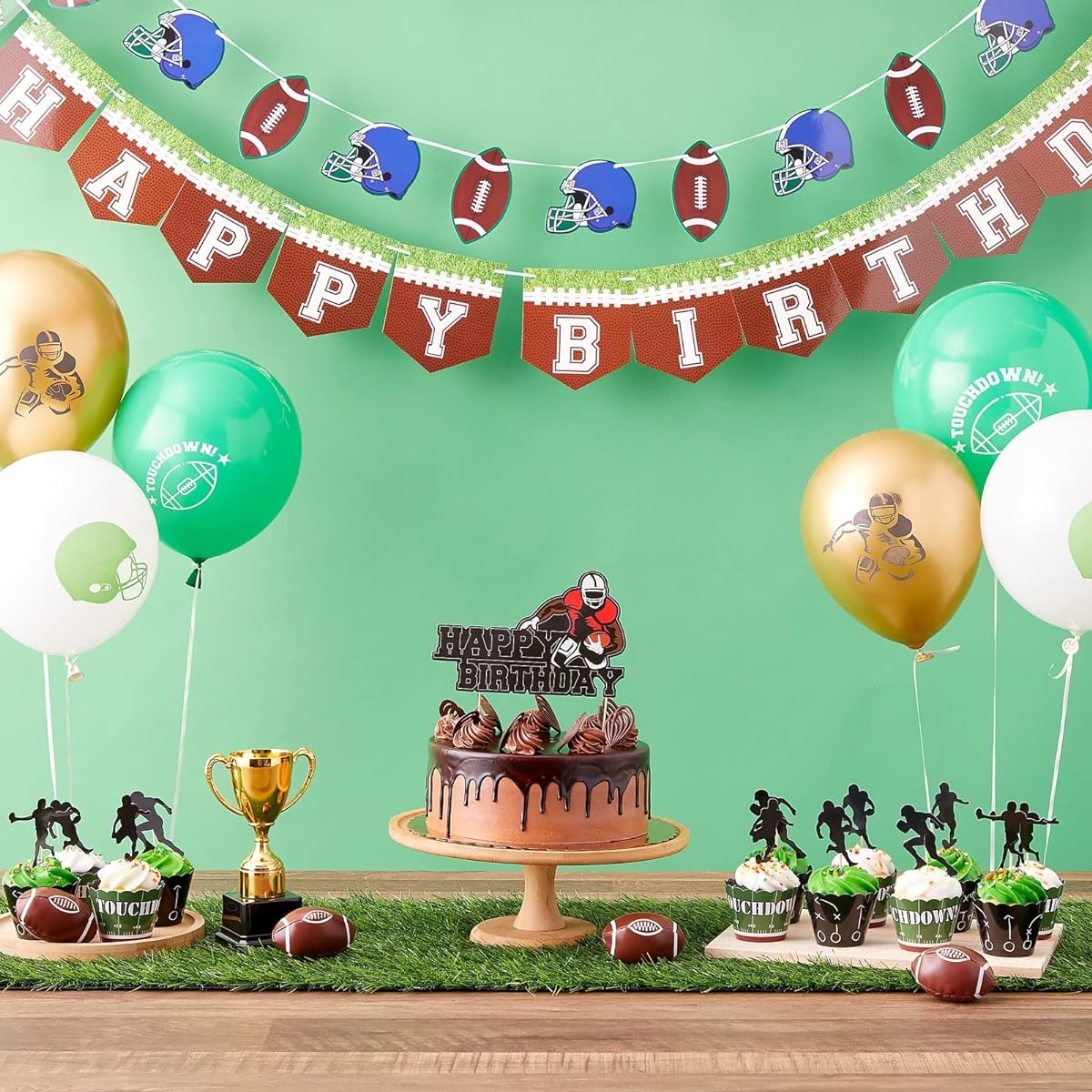 69 Piece Football Party Decorations Kit with Banner, Balloons, Cake and Cupcake Toppers, Cupcake Wrappers