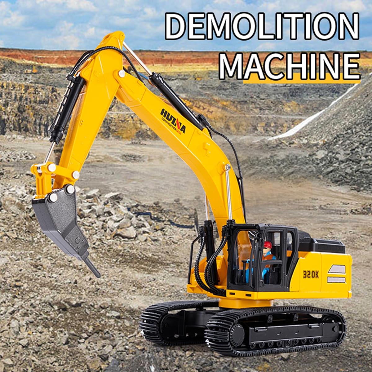 Gemini&Genius Drill Excavator Toy Demolition Machinery Car Construction Vehicle Toys 1/35 Scale Diecast Impact Hammer Engineering Truck Alloy Model Toys for Kids
