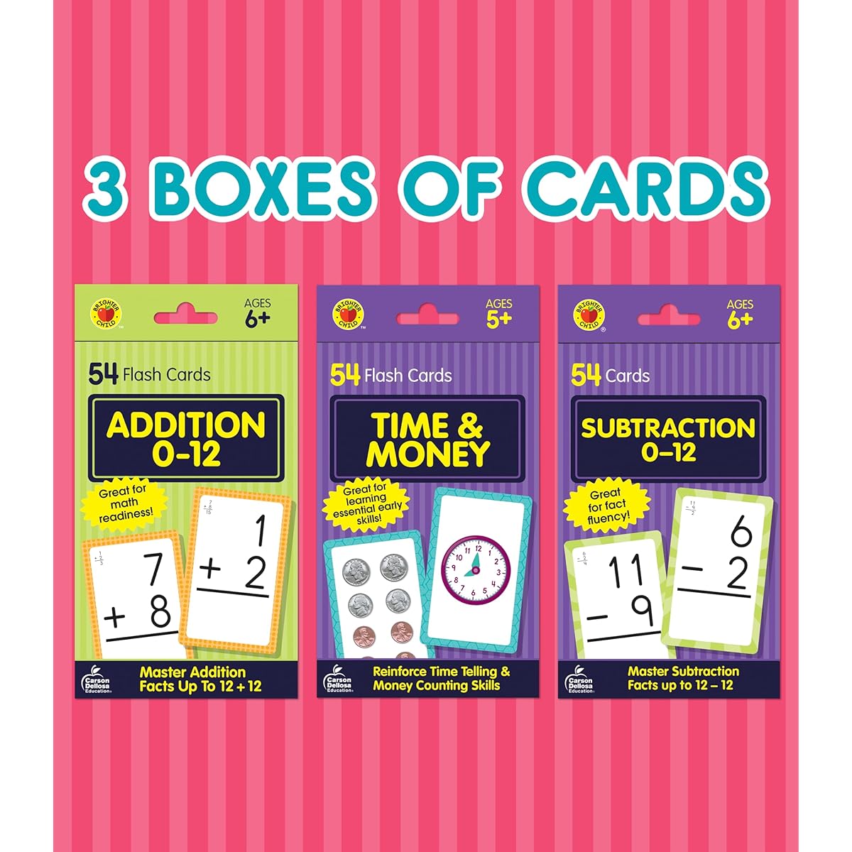 Carson Dellosa 158 Phonics and Math Flash Cards for Ages 6+, 3 Pack, Sight Word Flash Cards, Addition Flash Cards, Time and Money Number Flash Cards for 1st, 2nd and 3rd Grade