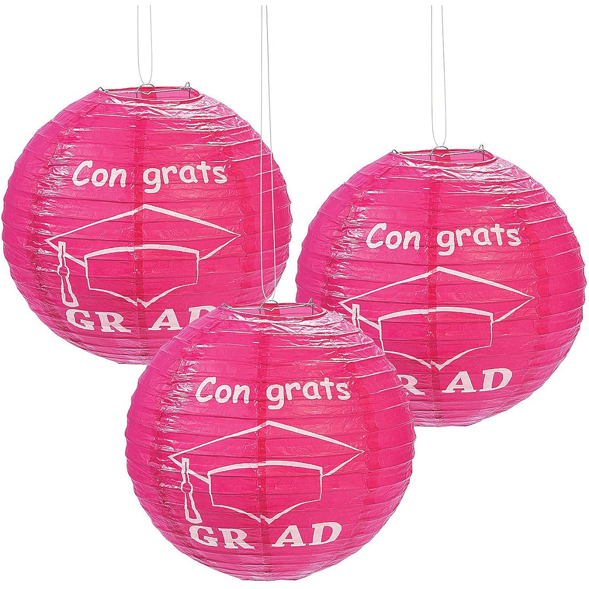 Fun Express - Congrats Grad Hot Pink Paper Lanterns (6 pcs) Graduation - Party Decorations - Hanging Decorations - Lanterns - Graduation - 6 pcs