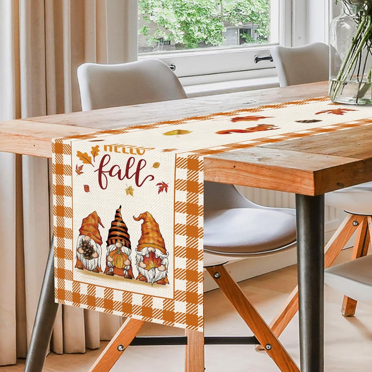 Three Gnomes Hello Fall Table Runner Buffalo Check Thanksgiving Table Runner Fall Winter Holiday Kitchen Dining Table Decor Indoor Outdoor Home Party Decor 13 x 72 Inch