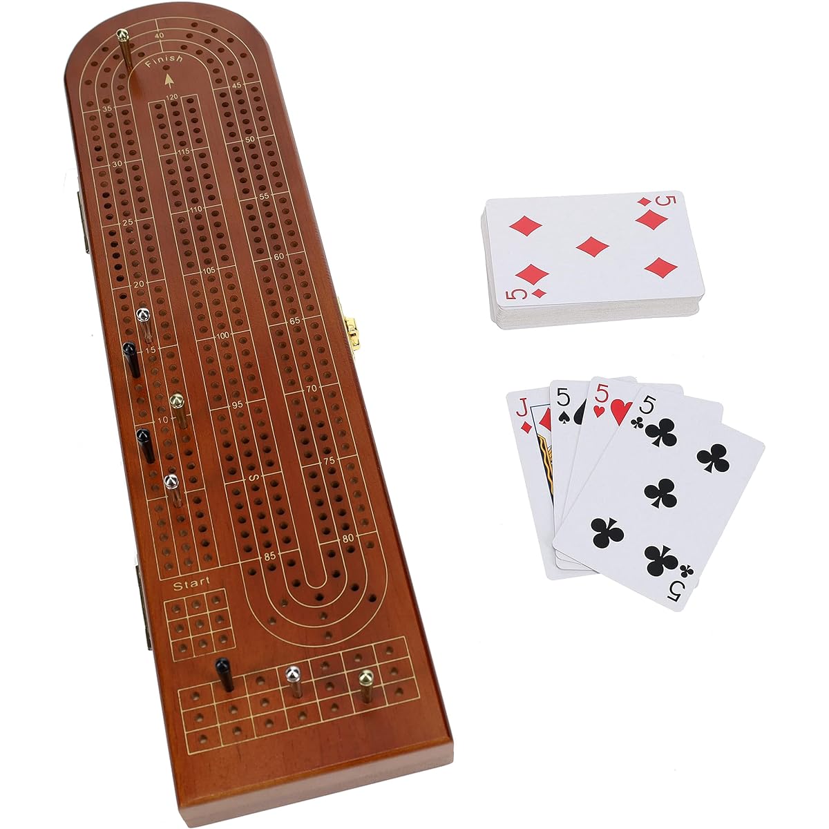 Pacific Shore Games Wooden Cribbage Board Game Set, Walnut Stained, 3 Tracks in a Row, 2-3 Players, Card Storage
