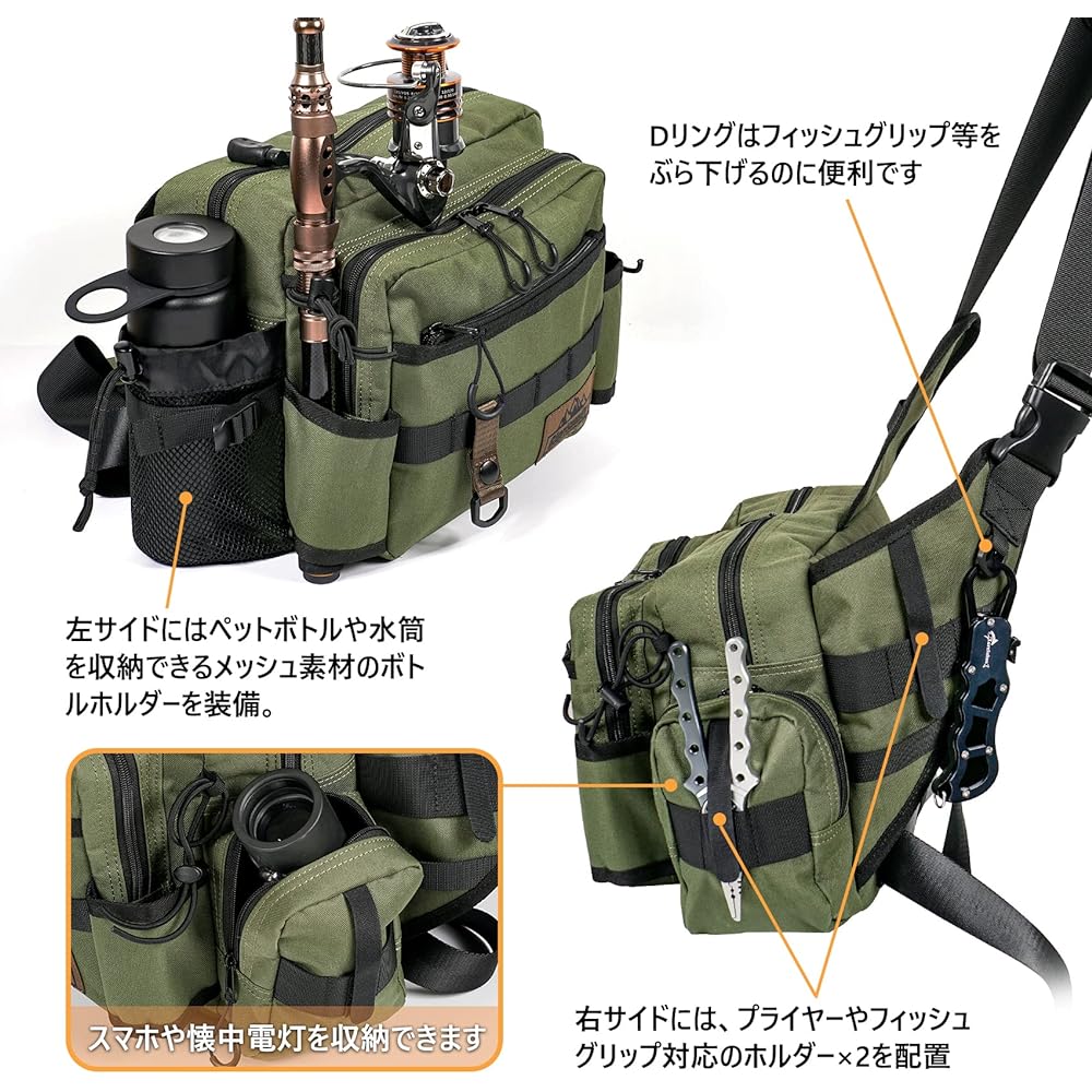 Glorisunity Tackle Bag Holding Shoulder Bag Rod Holder 5-Way Fishing Bag Waterproof Fishing Bag Large Capacity Double Zipper Movable Shoulder Pad Detachable Waist Belt with Pliers Holder For Outdoor Climbing Travel (Black Multicam)
