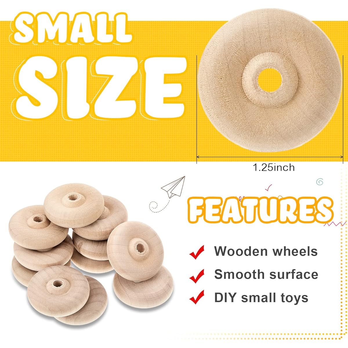 36 Pack Wooden Wheels Toys, Wooden Wheels Craft Toys, Wooden Craft Wheels, Wooden Mini Wheels with Axle Pegs for Craft DIY Toy Car Painting Coloring Wood Working Pegboard (1.25" Diameter)
