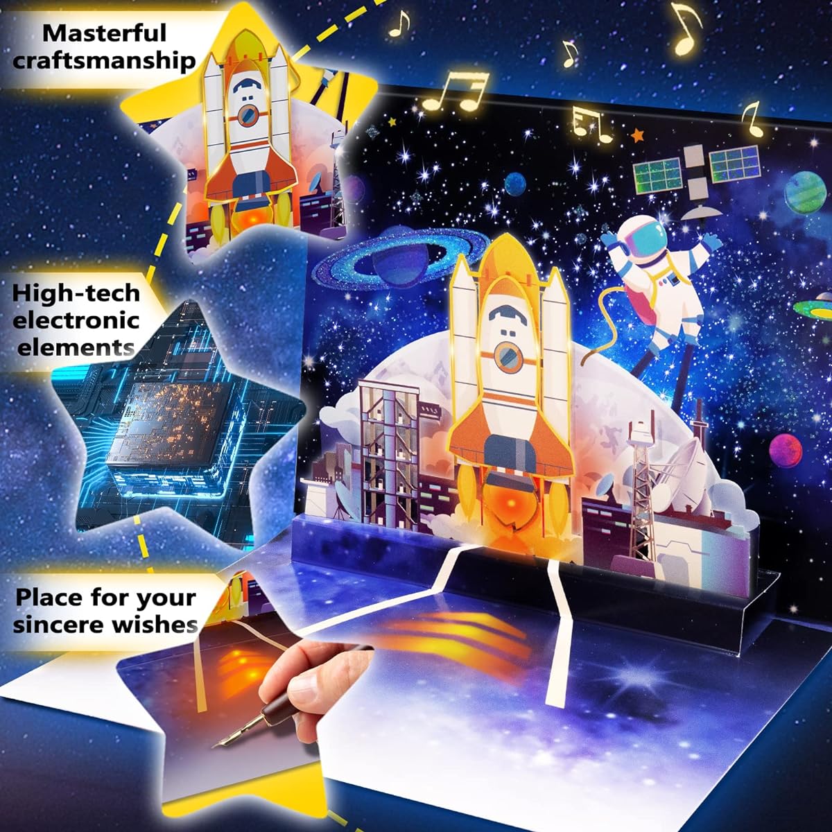 BYKOOO Musical Birthday Card with 6 LED Lights, Rocket Blast Birthday Card, 3D Pop Up Greeting Card with Handmade Design & Envelope, Perfect for Kids/Men/Women