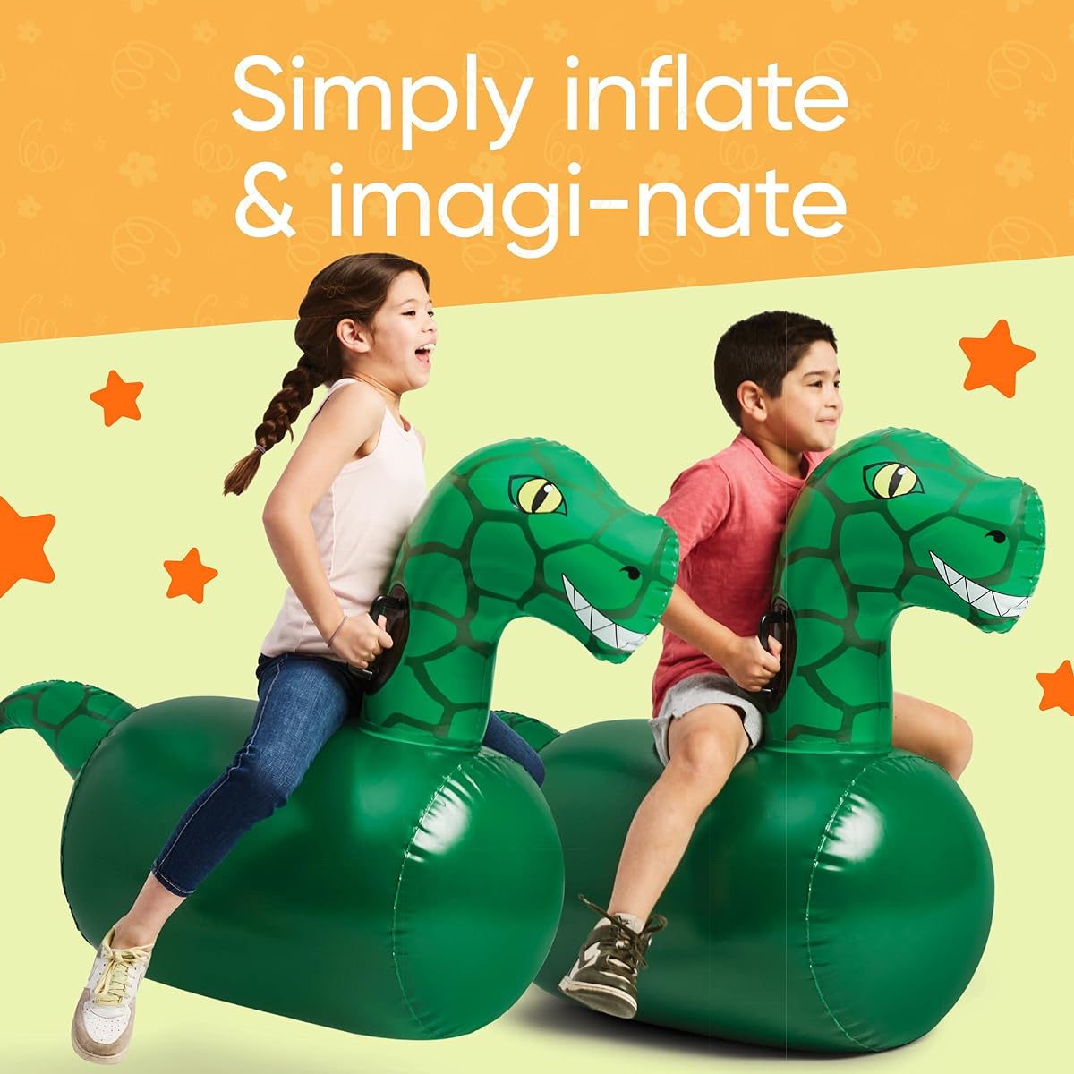 HearthSong Hop 'n Go Inflatable Bouncy Ride-Ons 48"L x 20"W x 42"H Set of 2 Outdoor Play for Ages 5+ Dinosaurs
