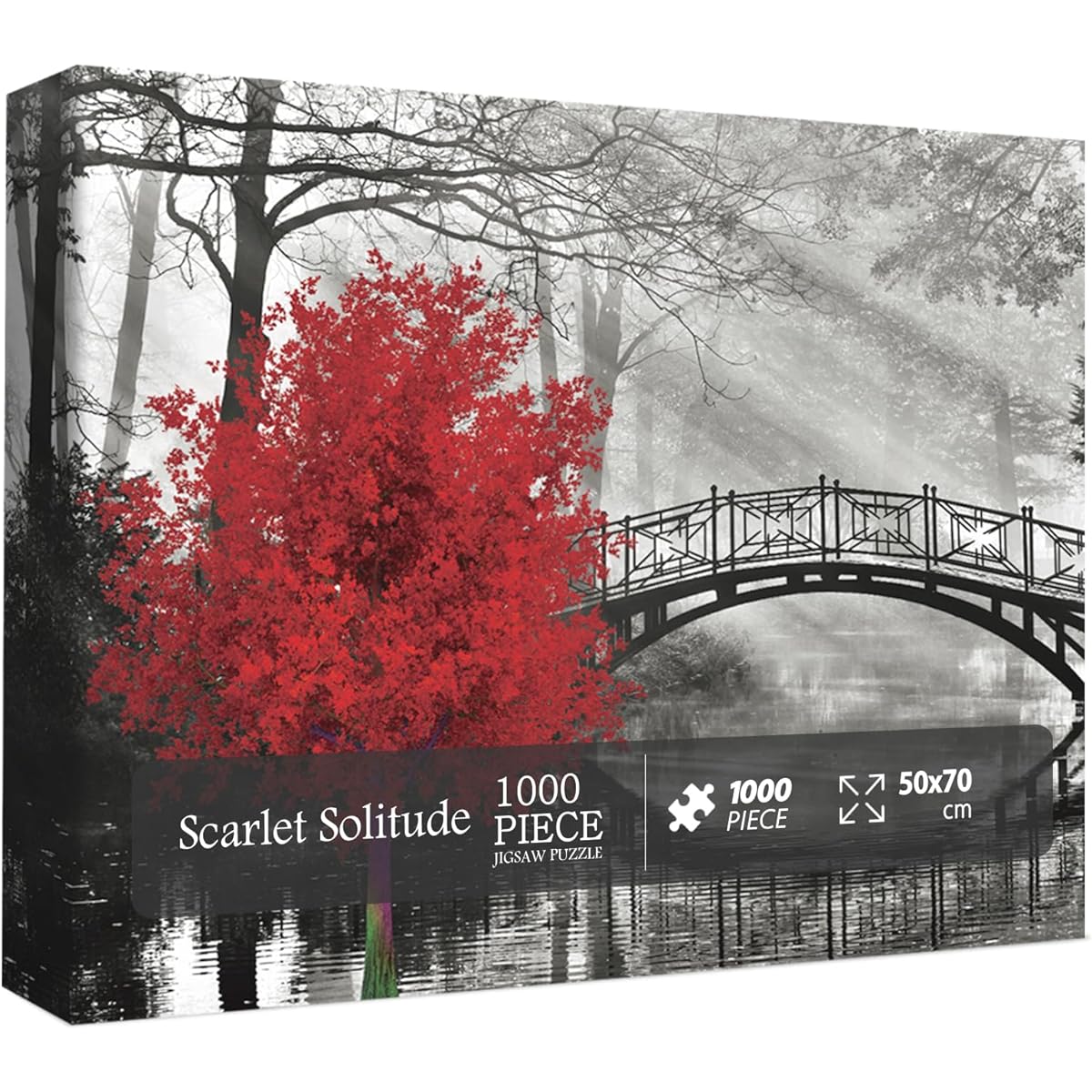 Scarlet Solitude Classic Puzzle for Adults 1000 Piece Black and White Bridge and Red Tree Jigsaw Puzzle Wall Art Puzzle Adult Gifts