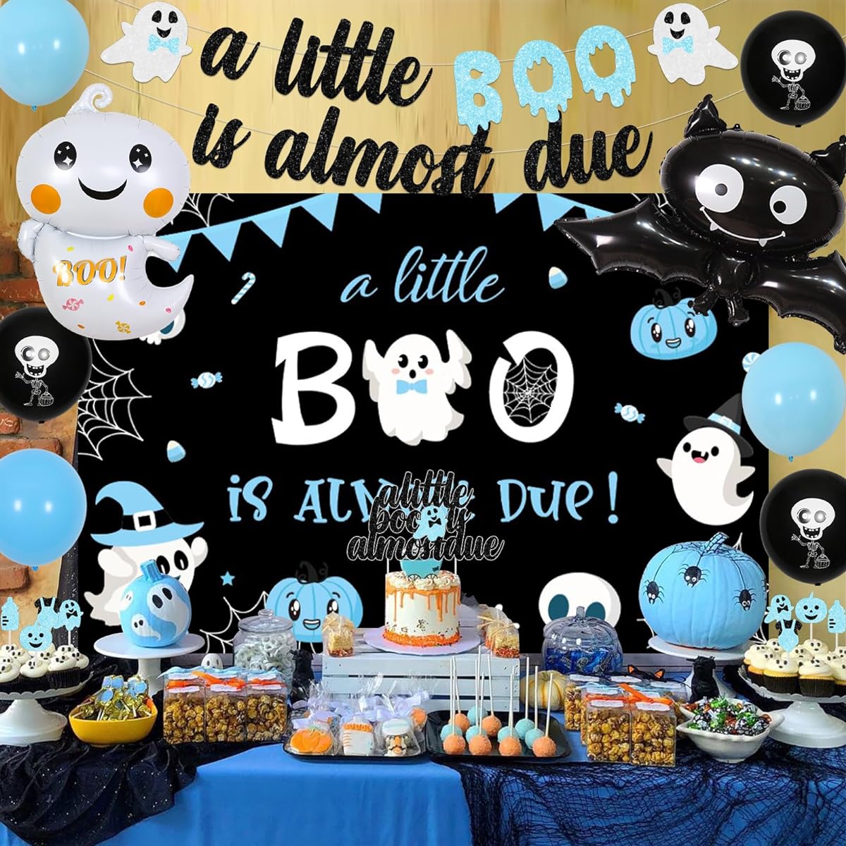 Halloween Baby Shower Decorations Boy, A Little Boo is Almost Due Baby Shower Decorations Blue and Black Ghost Bat Foil Balloons Little Boo Party Decorations Halloween Boy Birthday Party Decorations