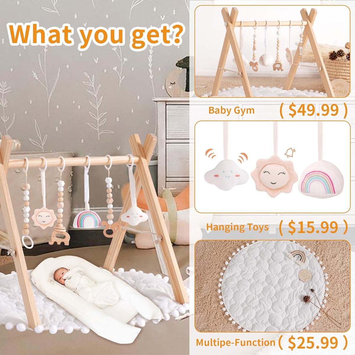 Wooden Baby Gym with 3 Wooden Baby Toys, Foldable Baby Play Gym Frame Activity Gym Hanging Bar Newborn Gift Baby Girl Boy Gym (Natural Color with Mat)