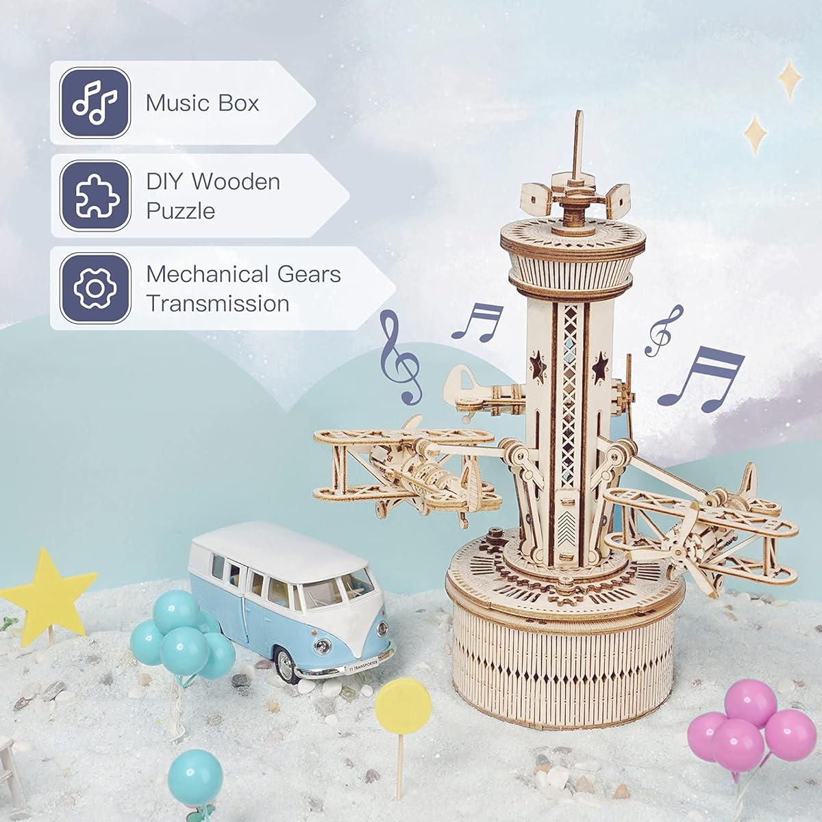 Rowood 3D Wooden Puzzle for Adults Toy Airplane Activity Music Box for Kids Father's Day/Birthday/Christmas Gifts for Family Airplane Control Tower