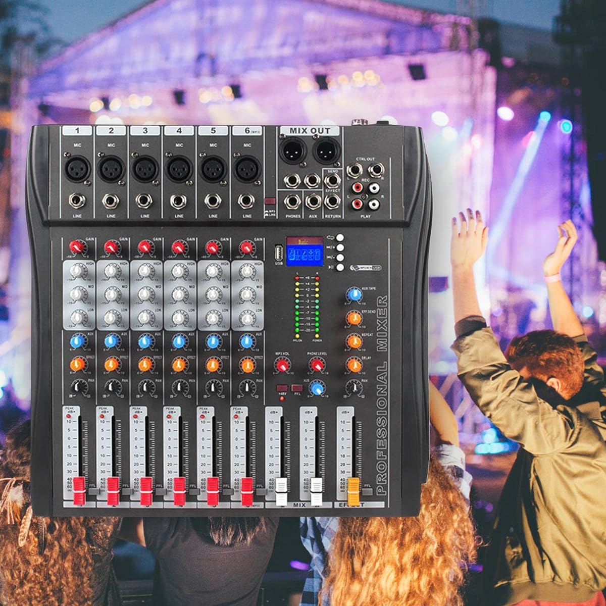 Hellery 6 Channel Audio Mixer Sound Mixing Console XLR Jack 48V Phantom Power