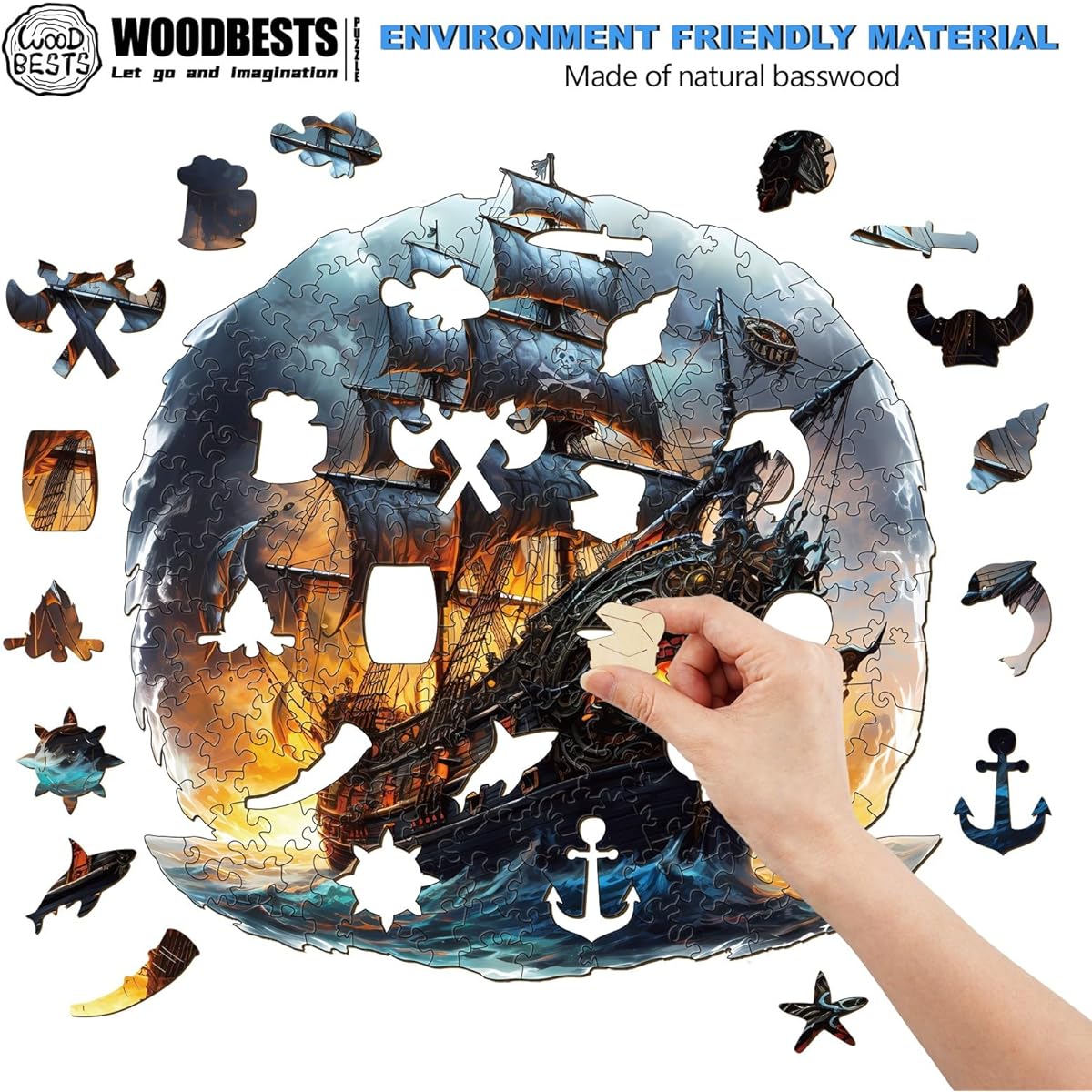 WOODBESTS Wooden Puzzle for Adults, Sailing Ship Puzzle, Large, 300 Pieces, 13.8" x 13.6", Beautiful Wooden Box, Wooden Jigsaw Puzzle, Unique Shape, Birthday Gift for Adults and Kids, Family Game