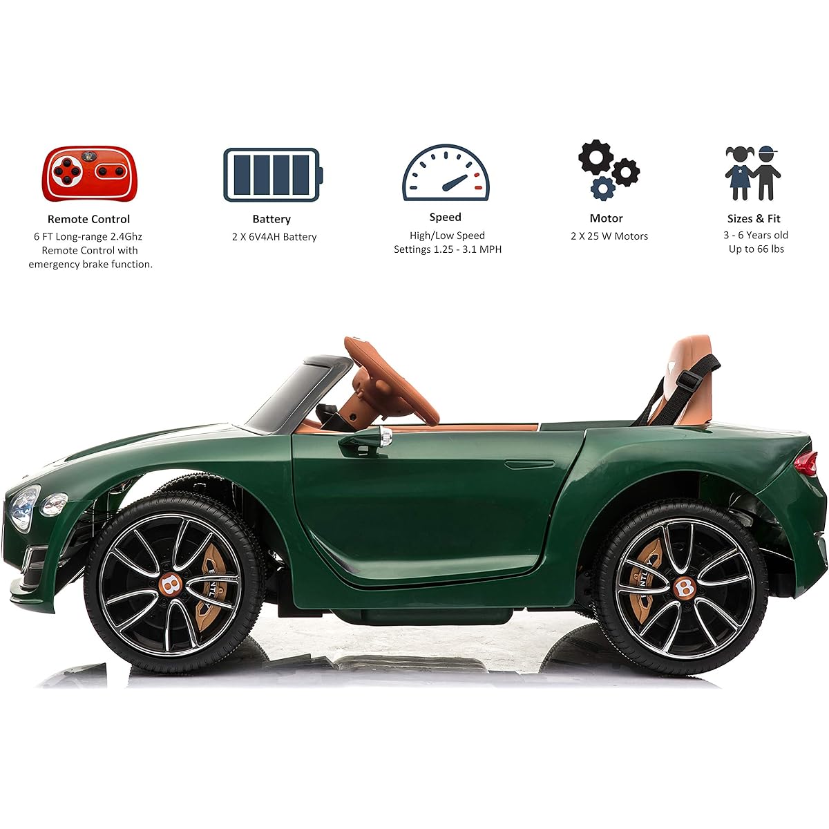 Rock Wheels Licensed Bentley EXP12 Kids Ride on Toy Car 12V Battery Operated for Kids Electric 4 Wheel with Parent Remote Foot Pedal 2 Speed Music Aux LED Headlights (Green)
