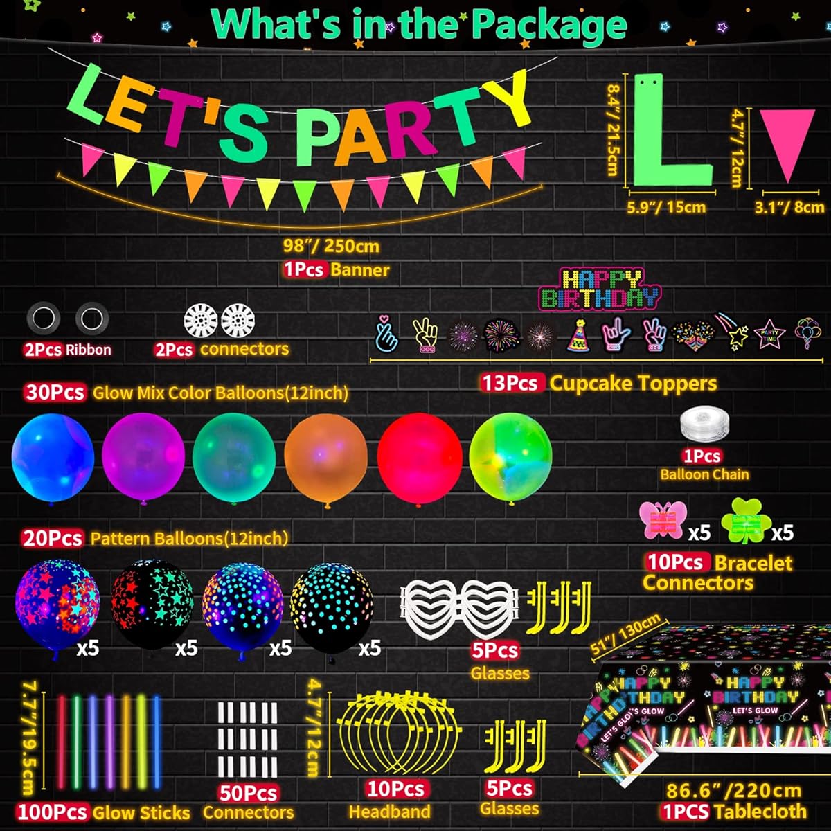 255 Pack Glow Neon Party Supplies Glow Sticks Party Decorations Black Light Reactive Decor Set Fluorescent Banner Glow in the Dark Balloons Neon Tablecloth Cake Toppers Light Up Sticks Glasses