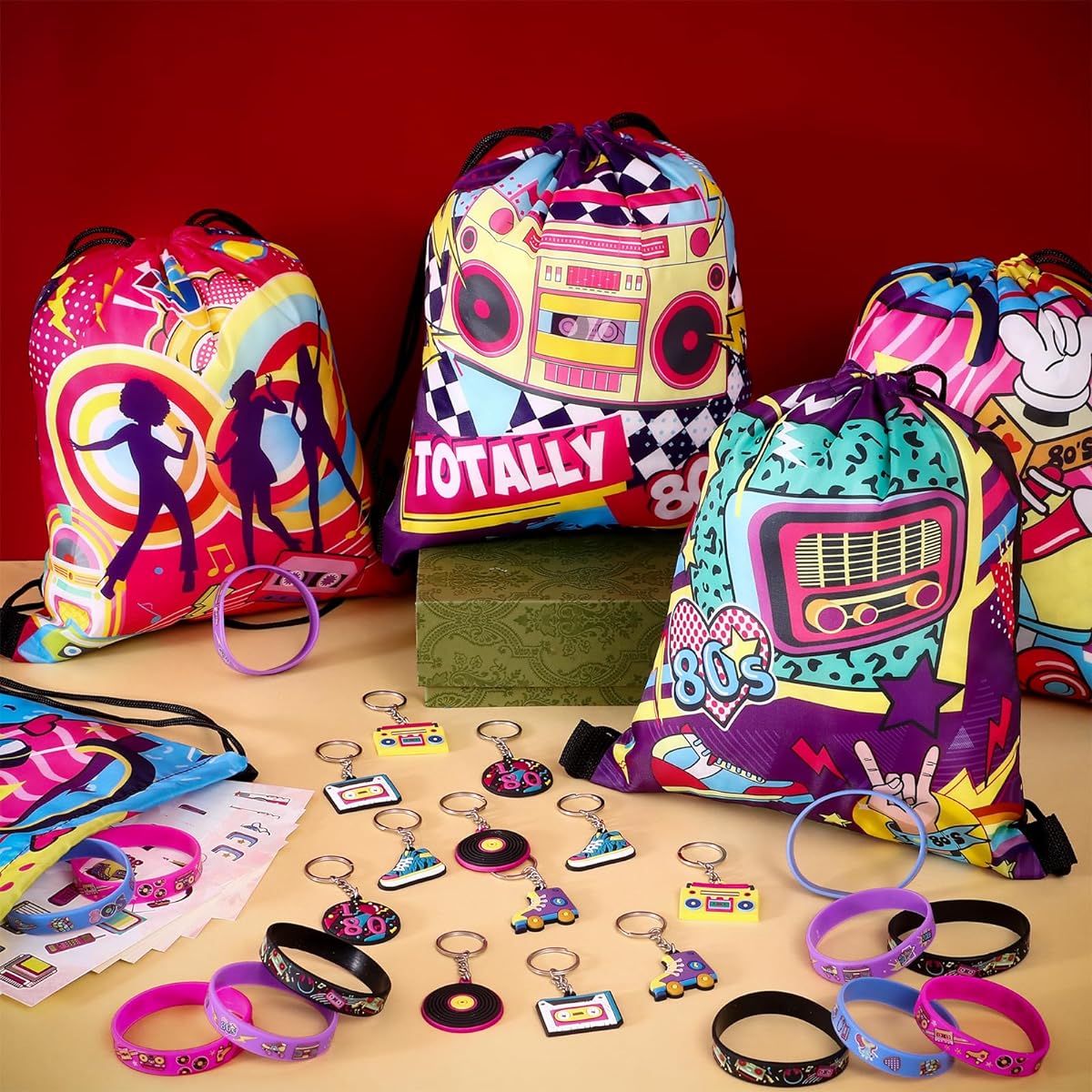 Winrayk 12 Sets 80s Party Favors Birthday Supplies for Teens Retro Hip Hop Drawstring Bags Silicone Bracelets Keychains Tattoo Stickers Pinata Fillers Goodie Bag Stuffers 80s Theme Party Supplies Decorations