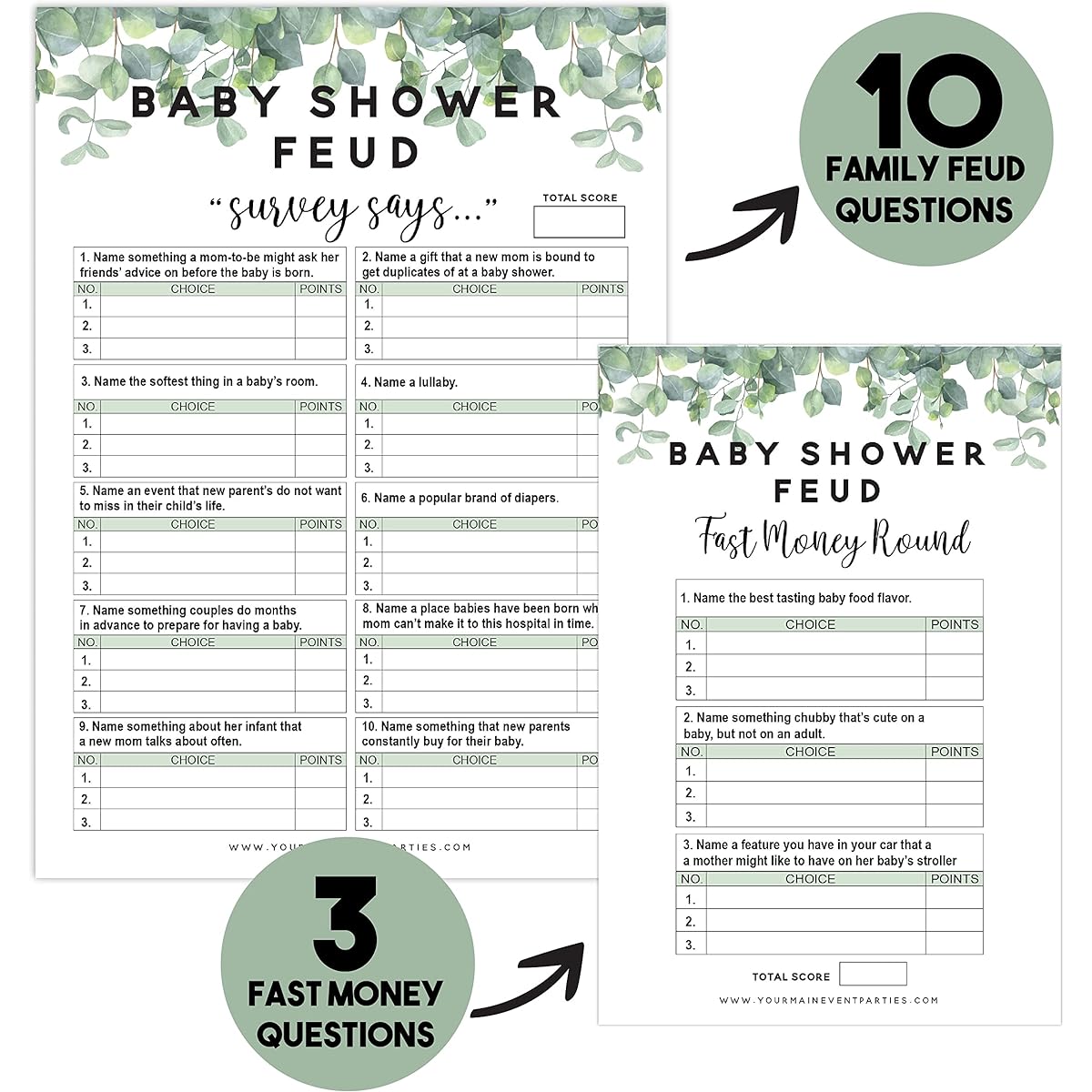 Baby Shower Family Feud Game Fun Eucalyptus Decorations 50 Family Feud Cards 3 Fast Money Round Cards 1 Instruction Manual