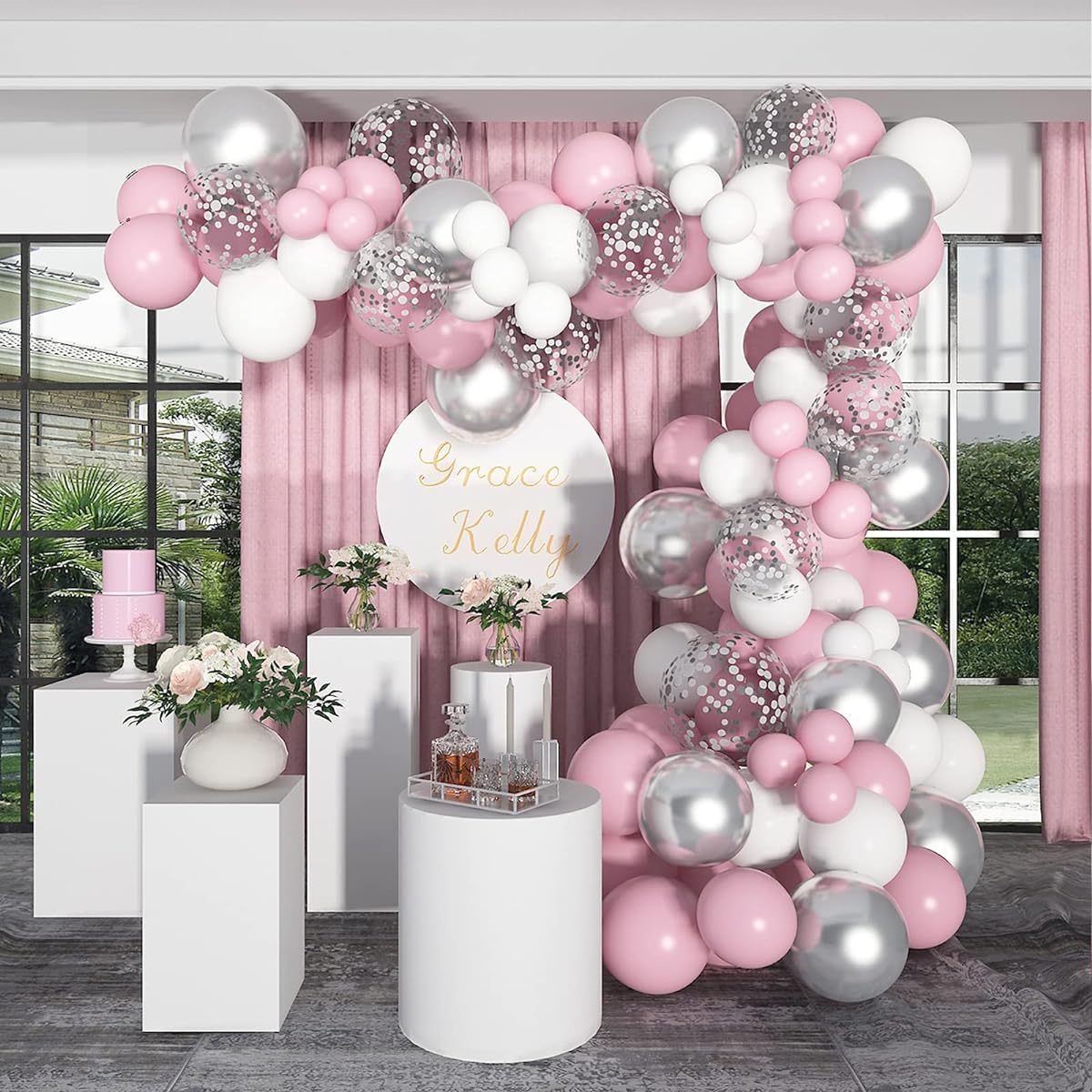 Soonlyn Pink Balloon Garland Kit, 120pcs 12" Pink Silver Metallic Balloons, White Latex Balloons Arch Kit for Baby Shower Decorations, Girls Birthday Party, Bridal Shower, Wedding