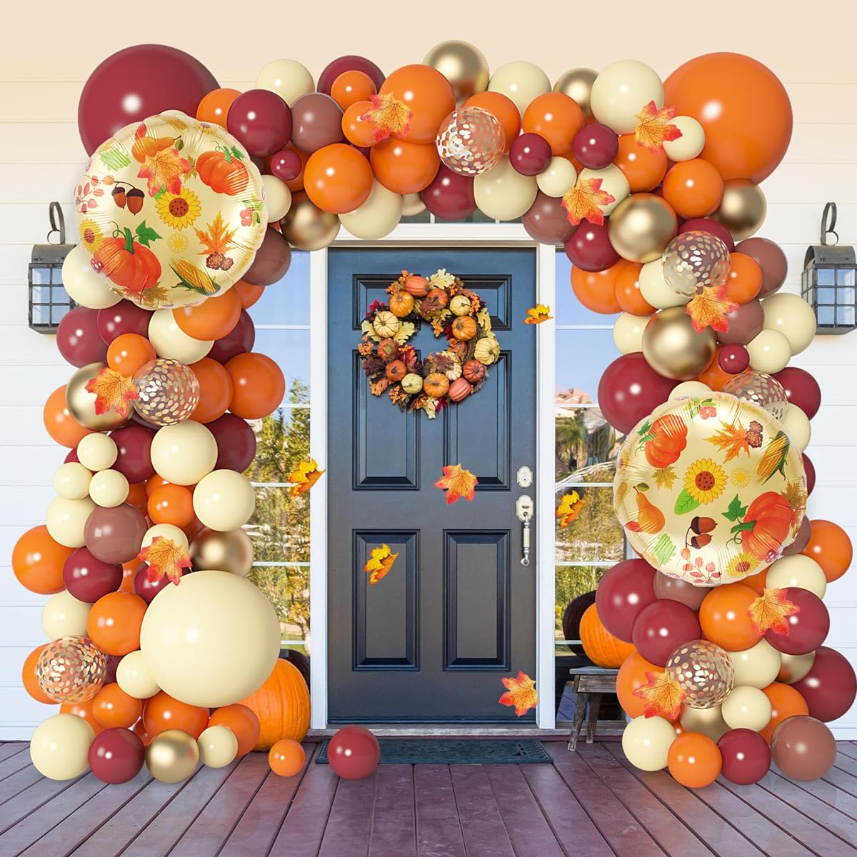 Amandir 180pcs Fall Thanksgiving Balloon Arch Garland Kit for Fall Birthday Party Baby Shower Decorations Orange Burgundy Brown Gold Balloons Maple Leaf Small Pumpkins Fall Party Supplies