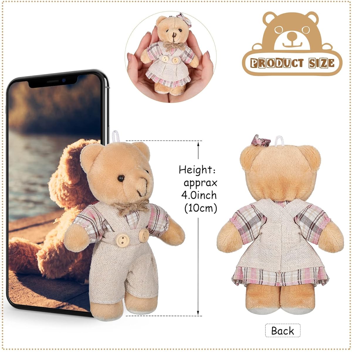 12pcs Mini Teddy Bear Stuffed Animal Plush Toy Bear Mini Couple Bears in Burlap Clothes Small Bear Toys for Birthday/Wedding Decoration/Christmas Party Favors (Pink Plaid Style)