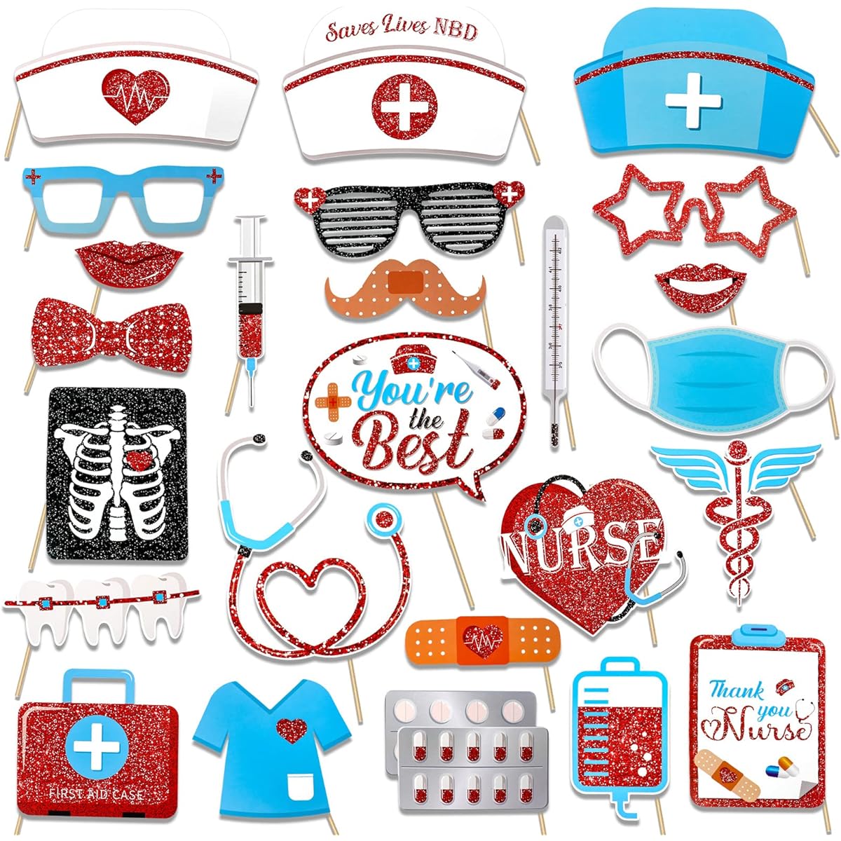 HOWAF 25pcs Thank You Nurses Photo Booth Props, Nurse Appreciation Week Party Supplies, Selfie Props, Nurse Themed Photo Booth Props, Happy International Day Party Decorations Supplies