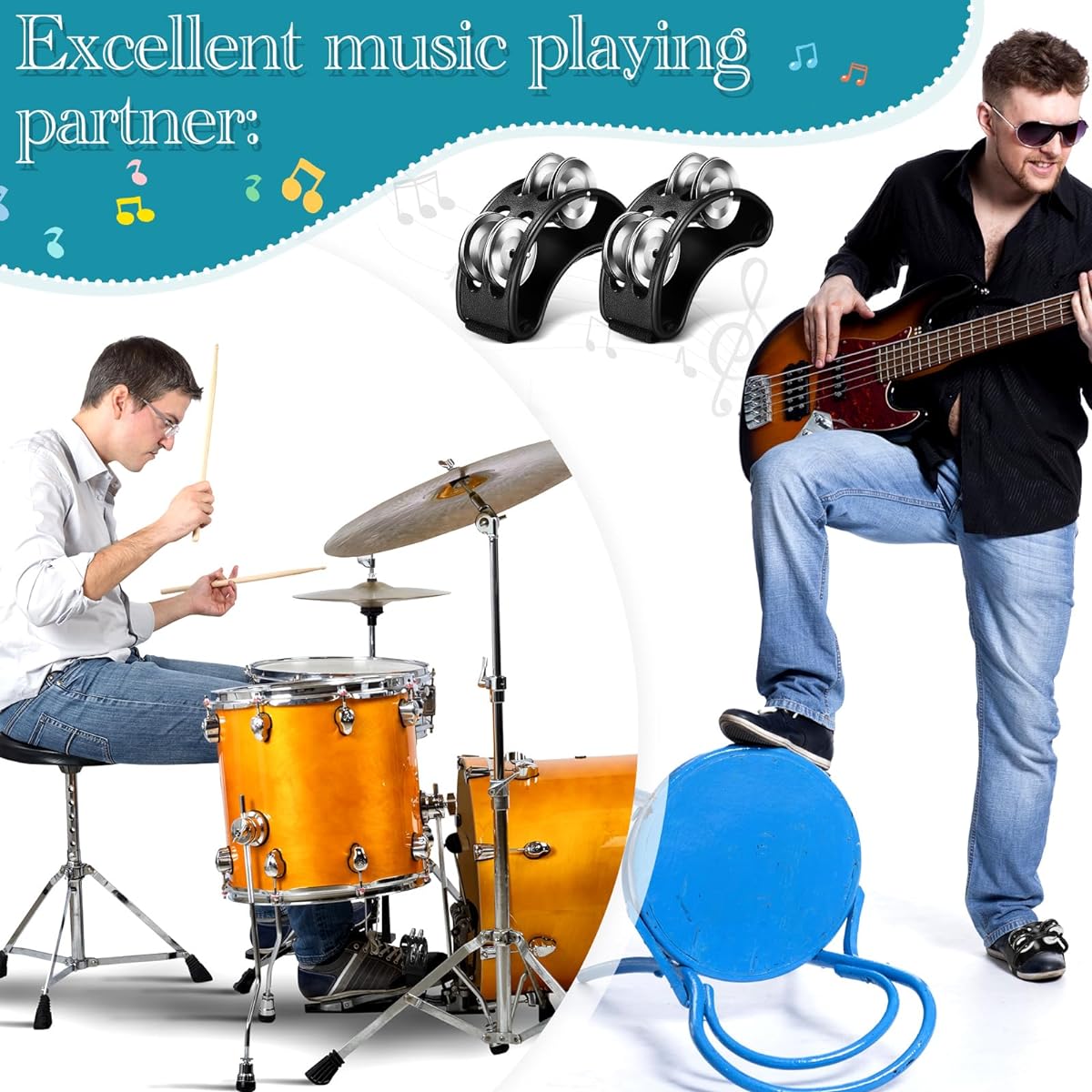 Lukmaa 4 Pieces Foot Tambourine Percussion Musical Instrument Guitar Drum Foot Tapping Tambourine Christmas Metal Bell Rubber Strap Foot Percussion Shaker Adult Drum Kit Accessories
