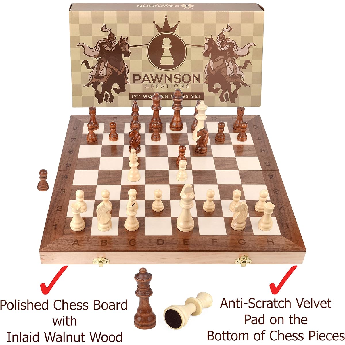 Wooden Chess Set for Kids and Adults - 17" Staunton Chess Set - Large Foldable Chess Board Game Set - Piece Storage | Wooden Pawns - Unique eBook for Beginners - 2 Extra Queens.