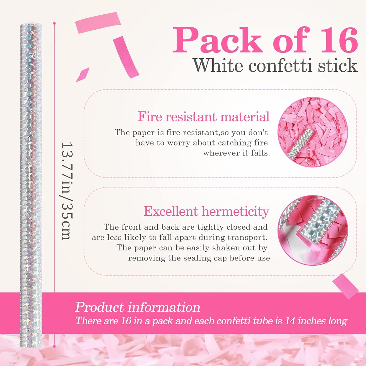 16 Pack Pink Gender Reveal Poppers, Safe and Cute Pink Confetti Poppers, 14 Inch Tissue Paper Confetti Flicks Flutter Wands for Baby Girl Shower Birthday Wedding Party Supplies Decorations (Pink 16 Pack)