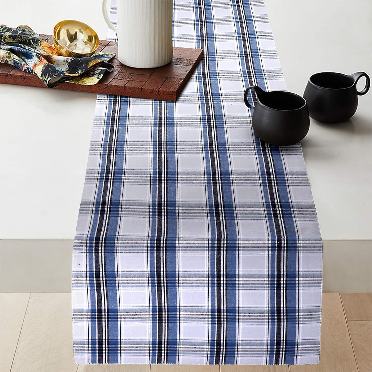 Urban Villa Christmas Table Runner Snow Blue Color Check Plaid Woven Table Runner 100% Cotton Fused Table Runner, 14" x 72" Oversized Heavy Quality Table Runner 14" x 72" Snow Blue Check