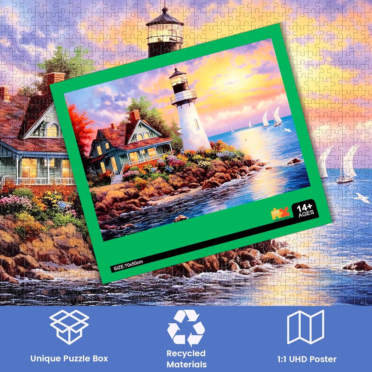 1000 Piece Puzzle for Adults, Thick Sturdy Pieces, Challenging Family Activity, Great Gift, 28 x 20 Inch (Lighthouse Puzzle)