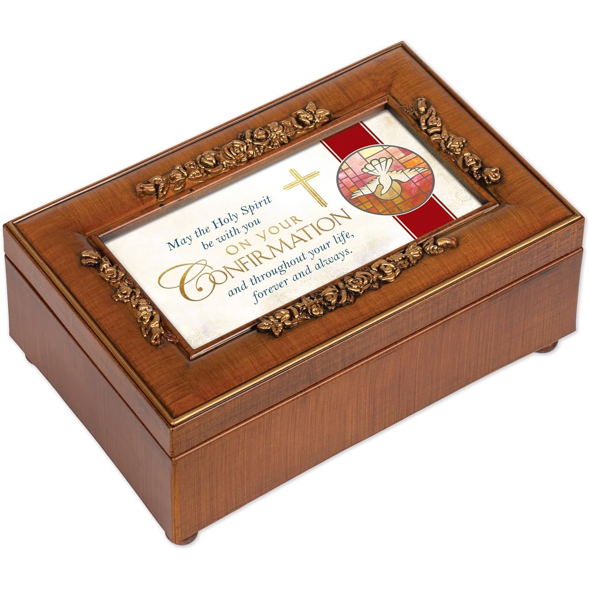Affirmation Holy Spirit with You Woodgrain Petite Rose Keepsake Music Box Plays Eagle's Wings