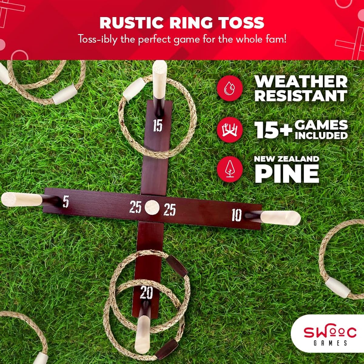 SWOOC Games - Rustic Ring Toss Outdoor Game (All Weather) - Includes 15+ Games - Vintage Wood & Rope Ring Toss Yard Game with Wide Grip Handle and Carry Case - Yard Toss Game for Kids & Families
