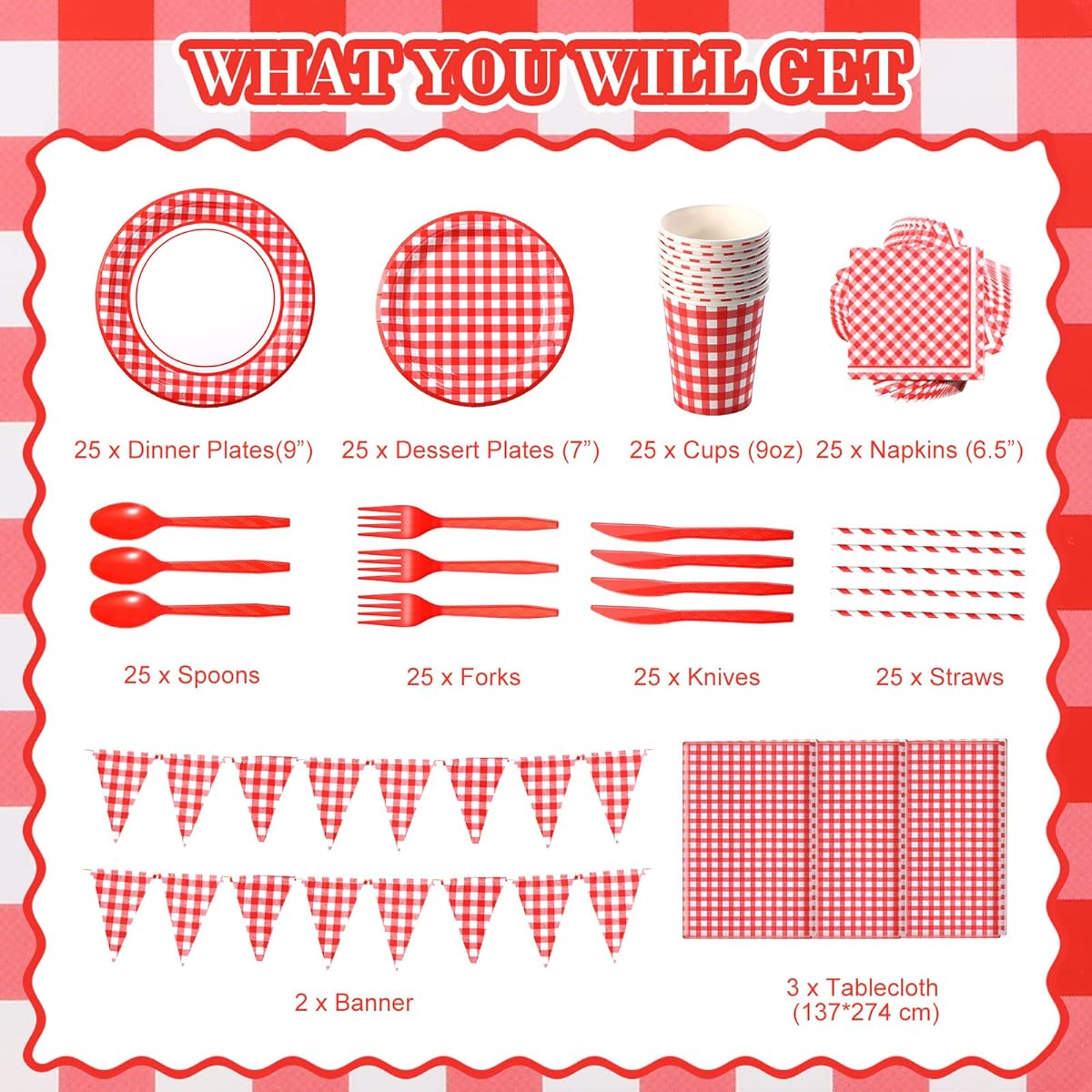 205pcs Red and White Gingham Party Supplies for 25 Guests, Red Checkered Tablecloth, Pennant Banner, Plates, Cups, Napkins, Cutlery, Straws for Picnic BBQ Birthday Party Decorations