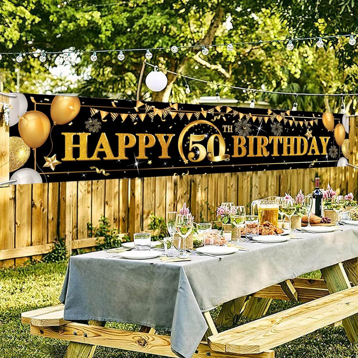Domgoge Happy 50th Birthday Decoration Banner Large Black and Gold Happy 50 Years Birthday Banner Sign 50th Birthday Party Decorations Supplies 15.7"x82.7"