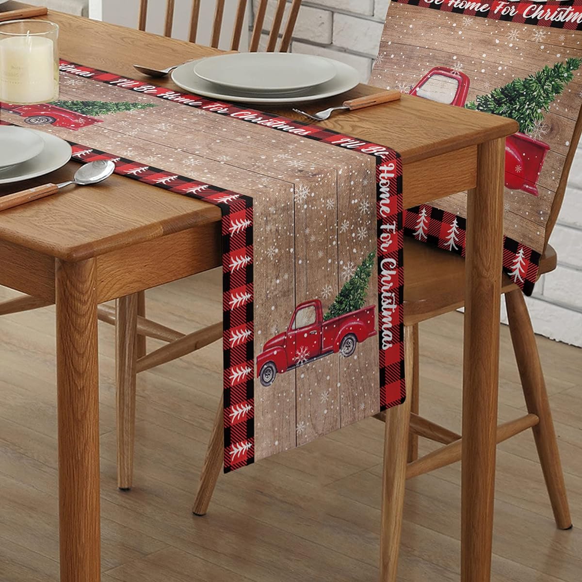 ARTSHOWING Christmas Table Runner Decorative Burlap Linen Table Runner for Christmas Thanksgiving Birthday Party Family Dinner 13 x 70 Inch Christmas Tree Farm Truck Rustic Wooden Planks